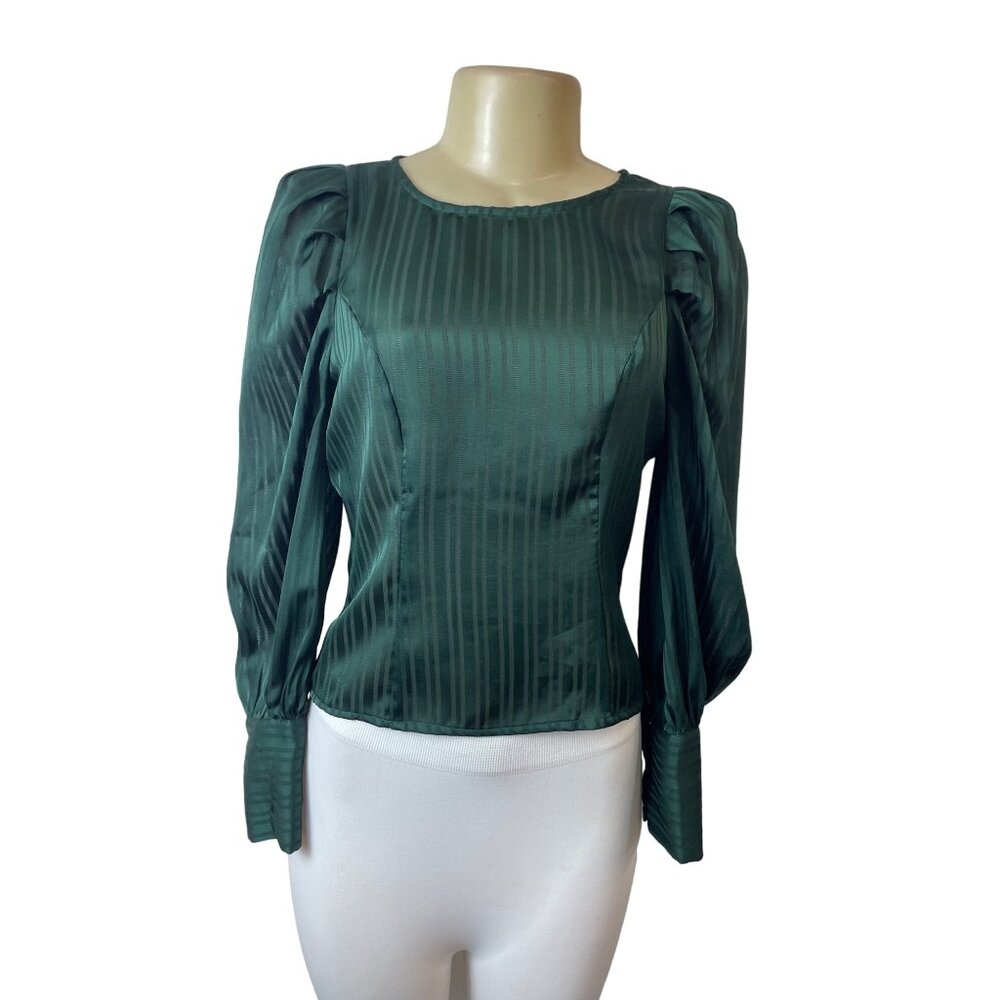 Fashion Nova Green Striped Satin Long Sleeve Blouse Sz XS